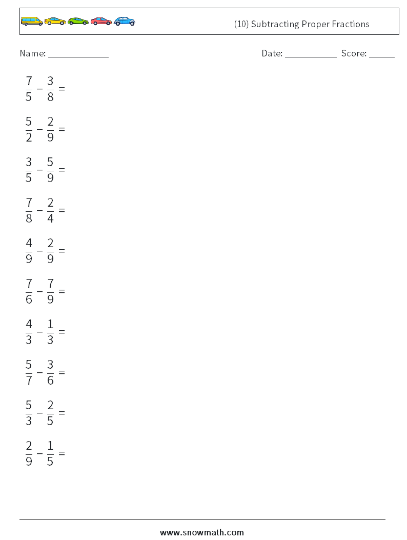 (10) Subtracting Proper Fractions Maths Worksheets 18