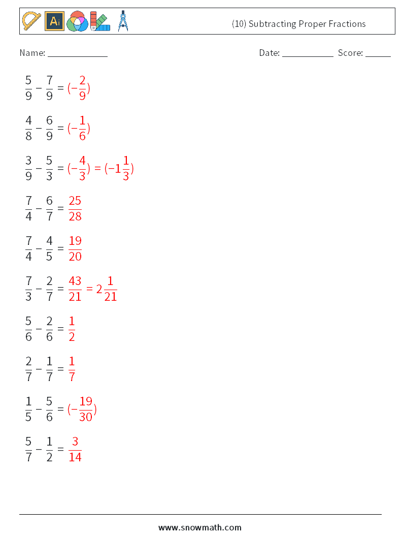 (10) Subtracting Proper Fractions Math Worksheets 1 Question, Answer