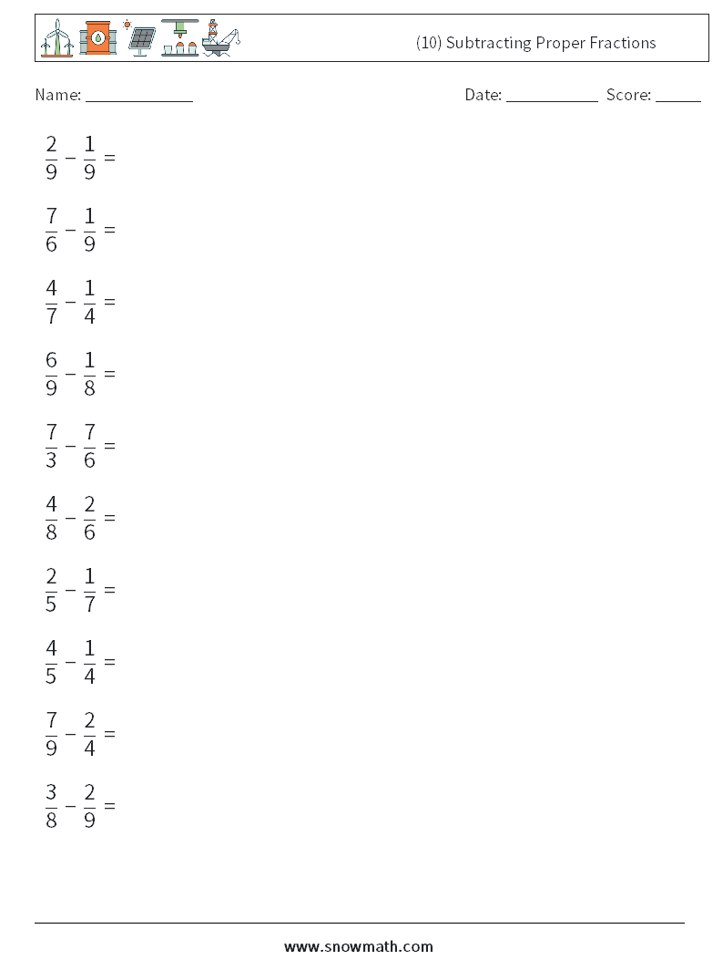 (10) Subtracting Proper Fractions Maths Worksheets 3