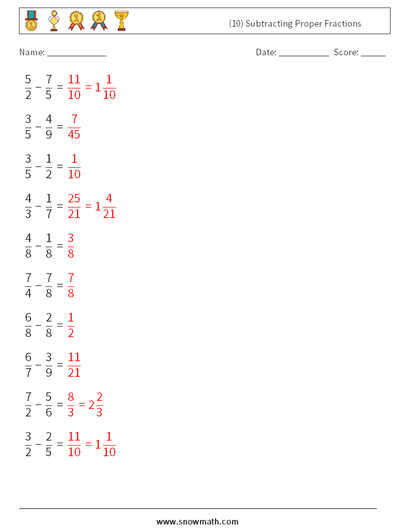 (10) Subtracting Proper Fractions Math Worksheets 4 Question, Answer