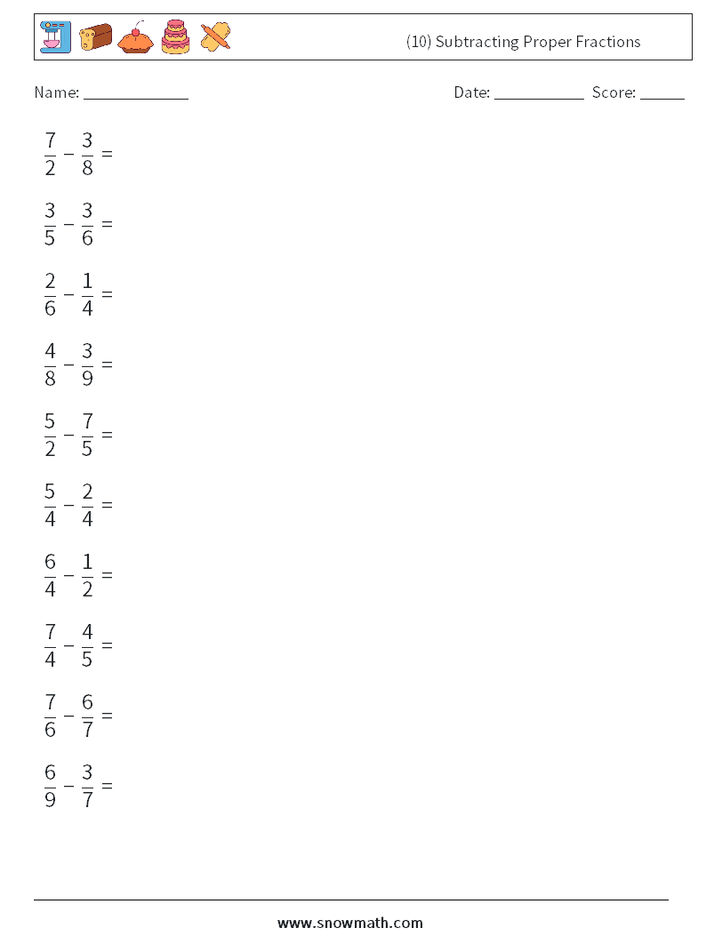 (10) Subtracting Proper Fractions Math Worksheets 5