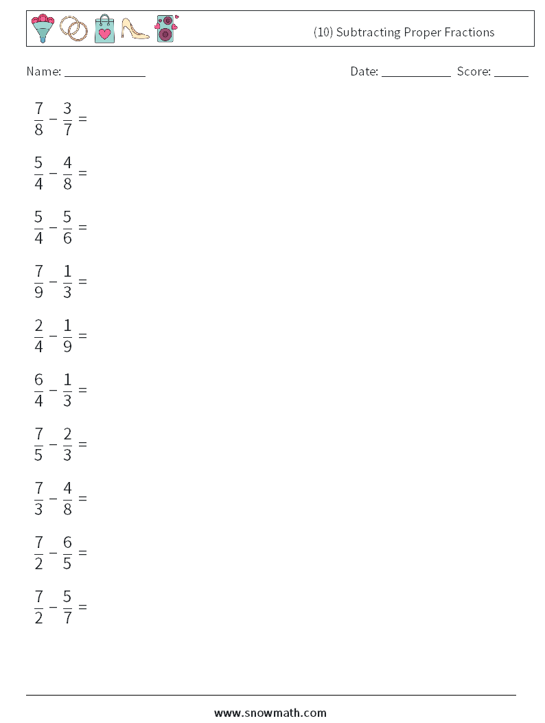 (10) Subtracting Proper Fractions Math Worksheets 6