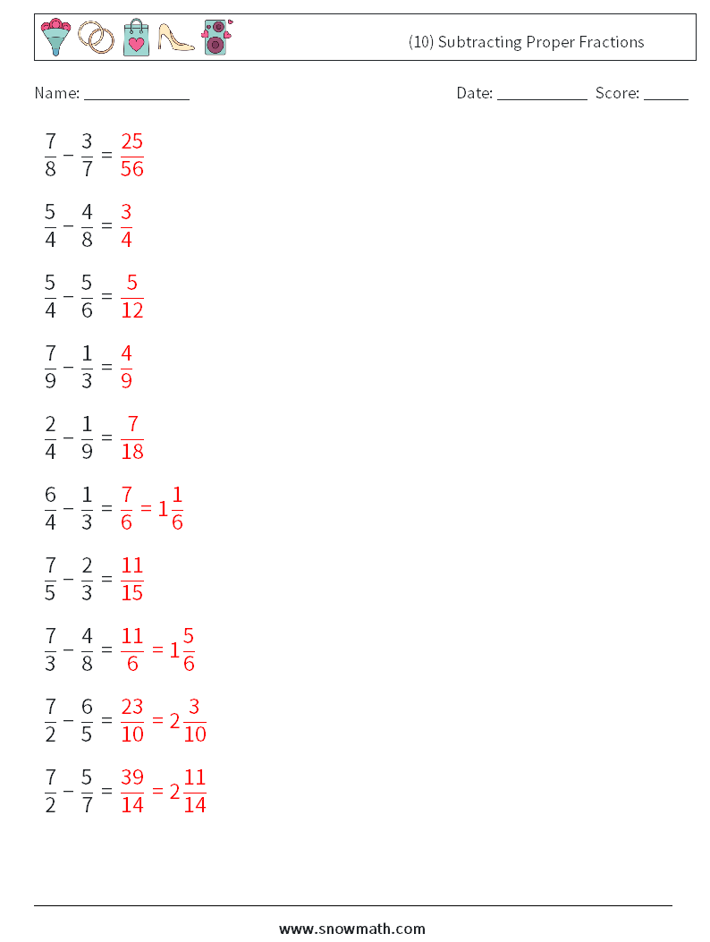 (10) Subtracting Proper Fractions Math Worksheets 6 Question, Answer