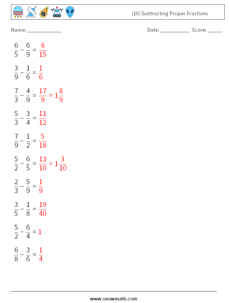 (10) Subtracting Proper Fractions Math Worksheets 7 Question, Answer