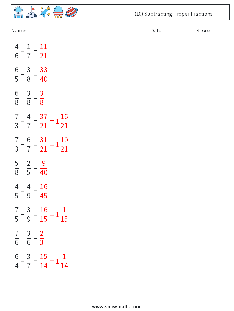 (10) Subtracting Proper Fractions Math Worksheets 8 Question, Answer