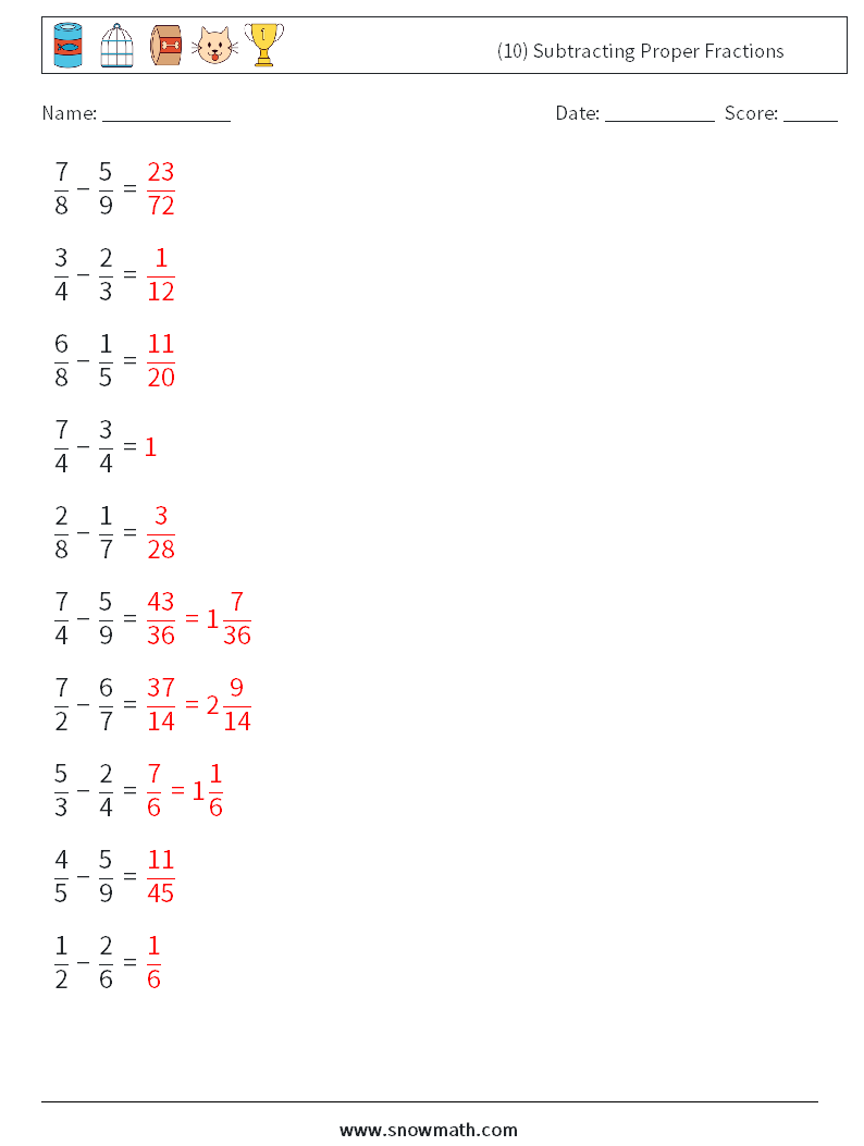 (10) Subtracting Proper Fractions Math Worksheets 9 Question, Answer