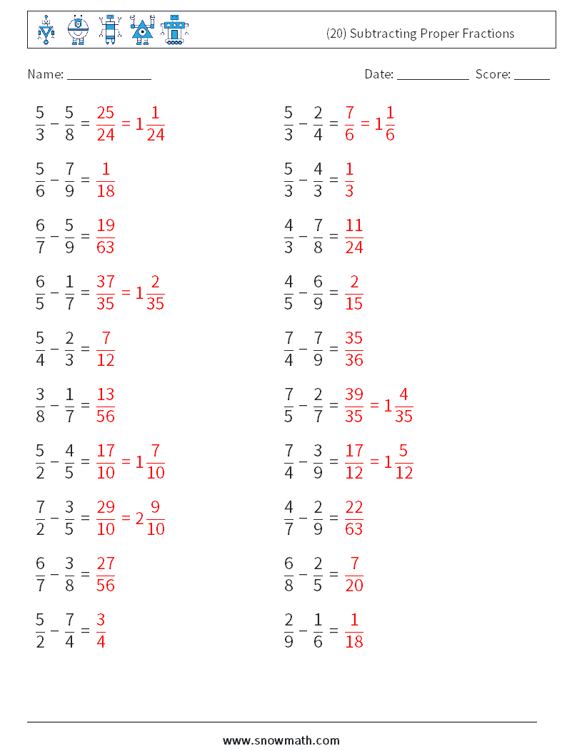 (20) Subtracting Proper Fractions Math Worksheets 10 Question, Answer