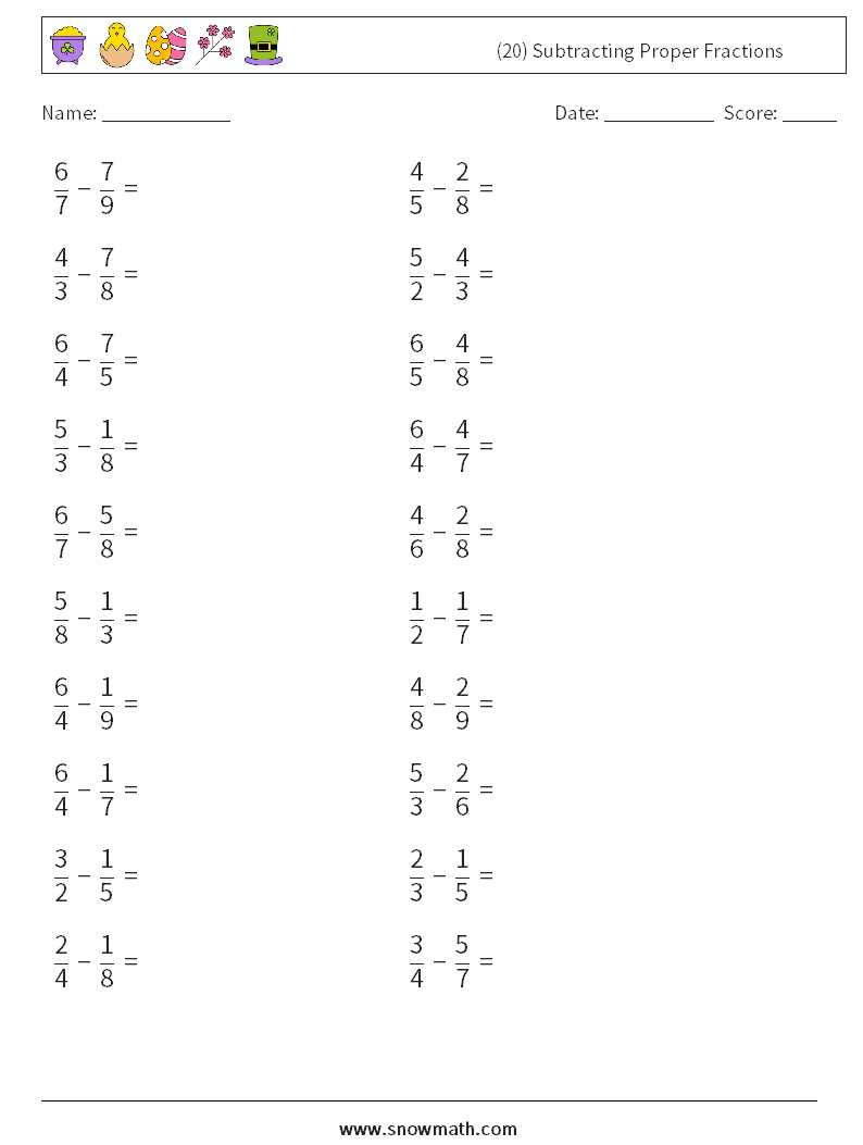 (20) Subtracting Proper Fractions Math Worksheets 11