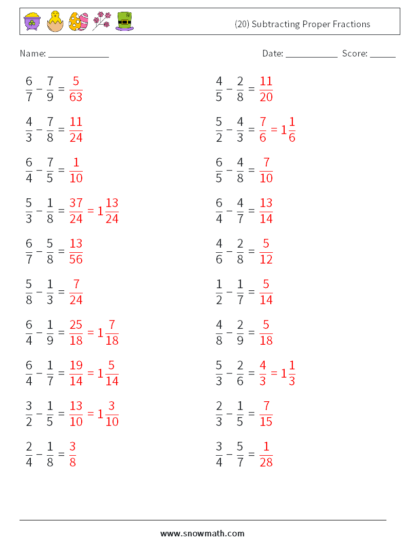 (20) Subtracting Proper Fractions Math Worksheets 11 Question, Answer