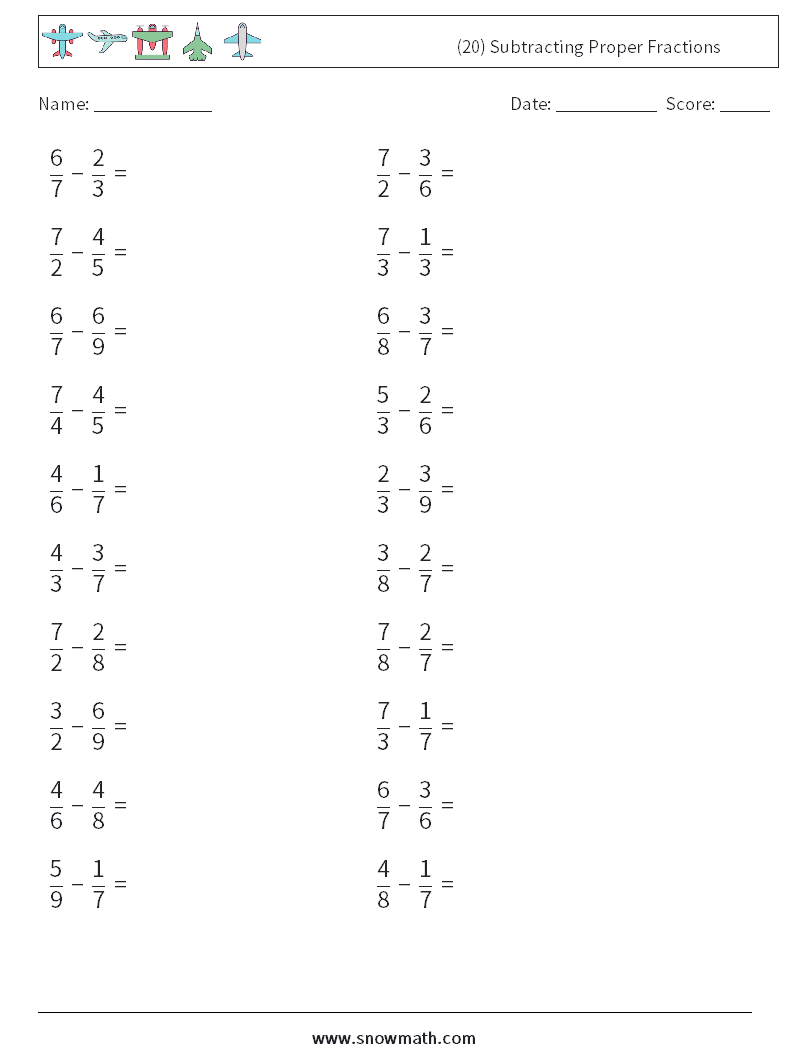 (20) Subtracting Proper Fractions Math Worksheets 12