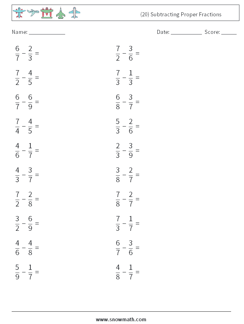 (20) Subtracting Proper Fractions Maths Worksheets 12