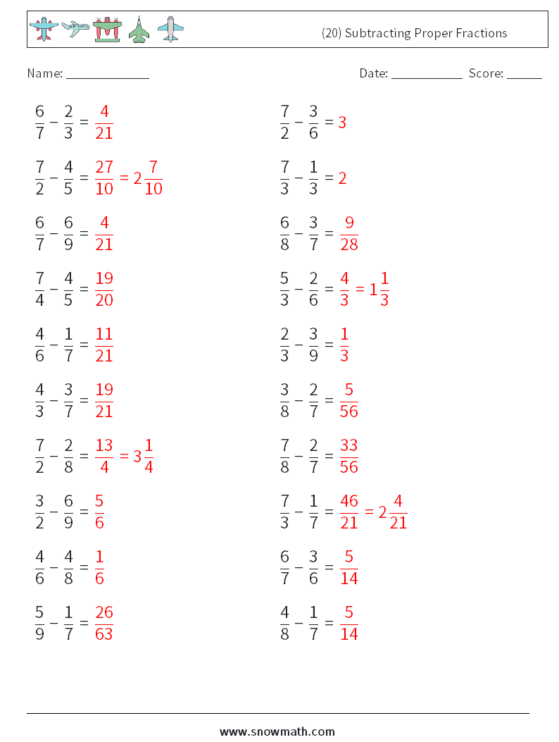 (20) Subtracting Proper Fractions Math Worksheets 12 Question, Answer