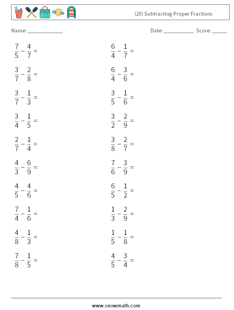 (20) Subtracting Proper Fractions Maths Worksheets 13