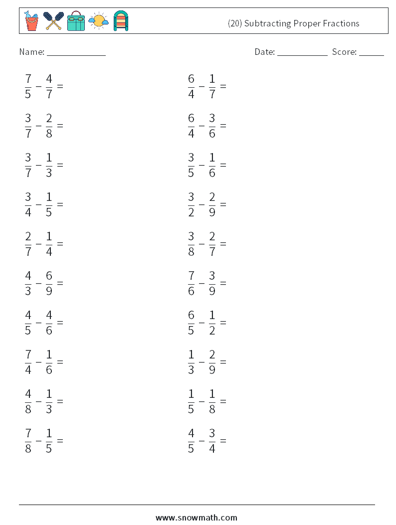 (20) Subtracting Proper Fractions Math Worksheets 13