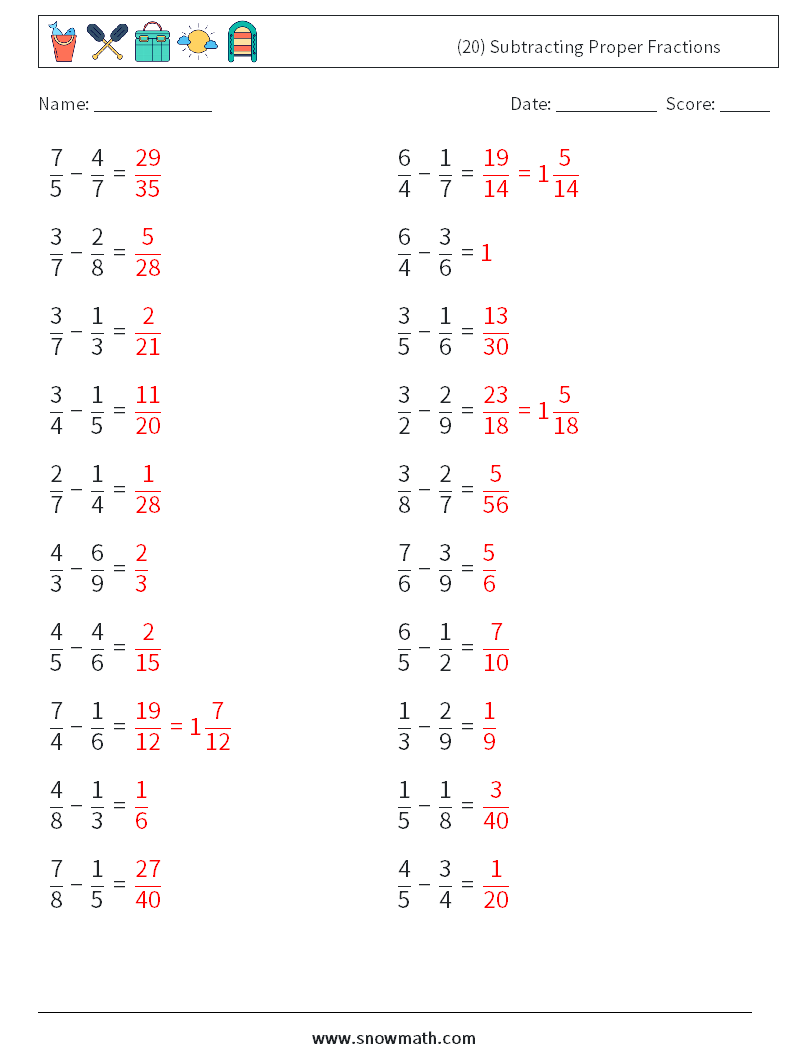 (20) Subtracting Proper Fractions Math Worksheets 13 Question, Answer