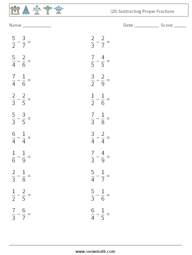 (20) Subtracting Proper Fractions Math Worksheets 14