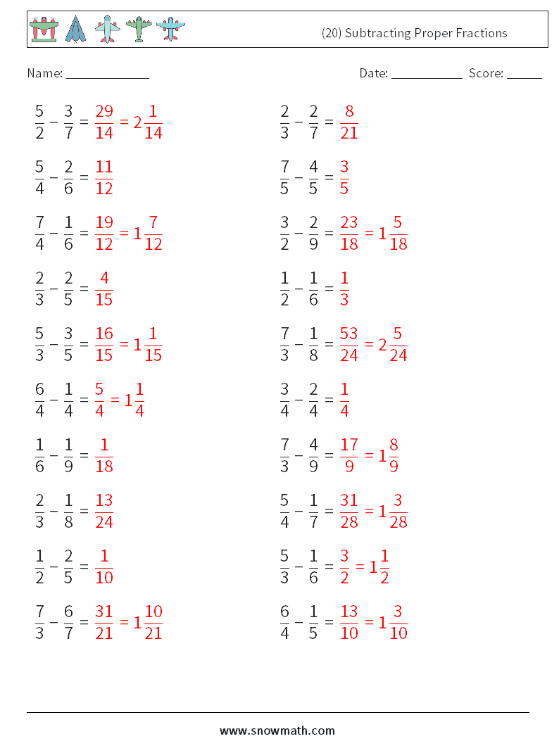 (20) Subtracting Proper Fractions Math Worksheets 14 Question, Answer