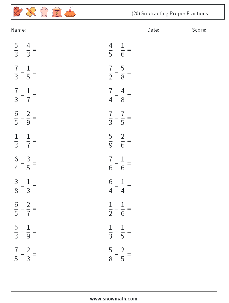 (20) Subtracting Proper Fractions Math Worksheets 15