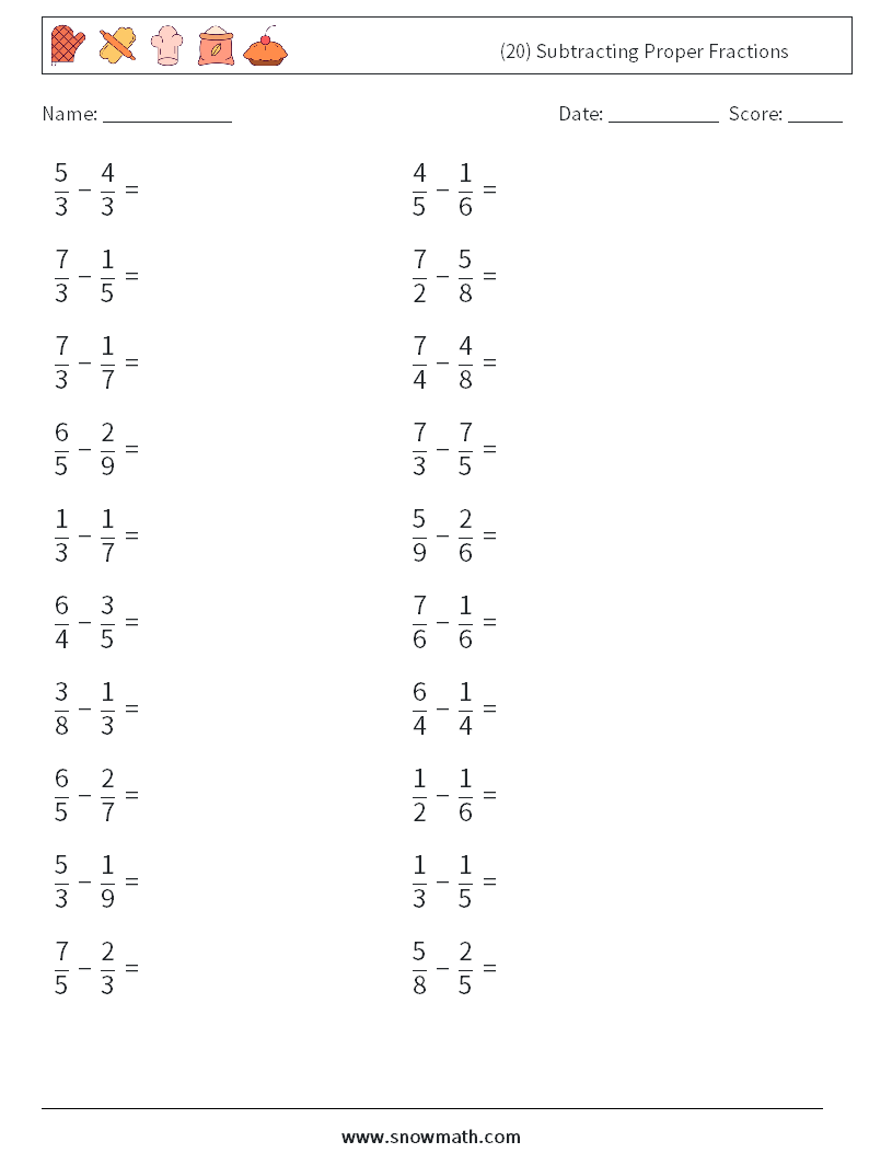 (20) Subtracting Proper Fractions Maths Worksheets 15