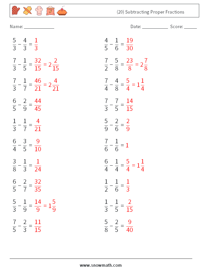 (20) Subtracting Proper Fractions Math Worksheets 15 Question, Answer