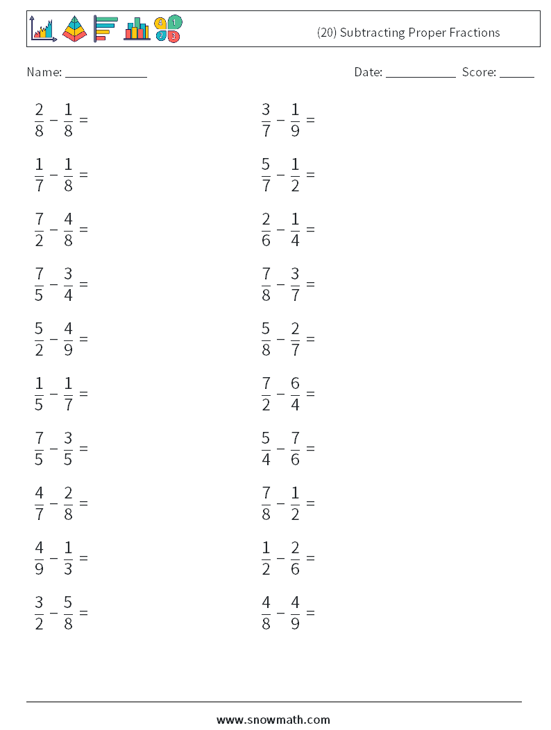 (20) Subtracting Proper Fractions Math Worksheets 16