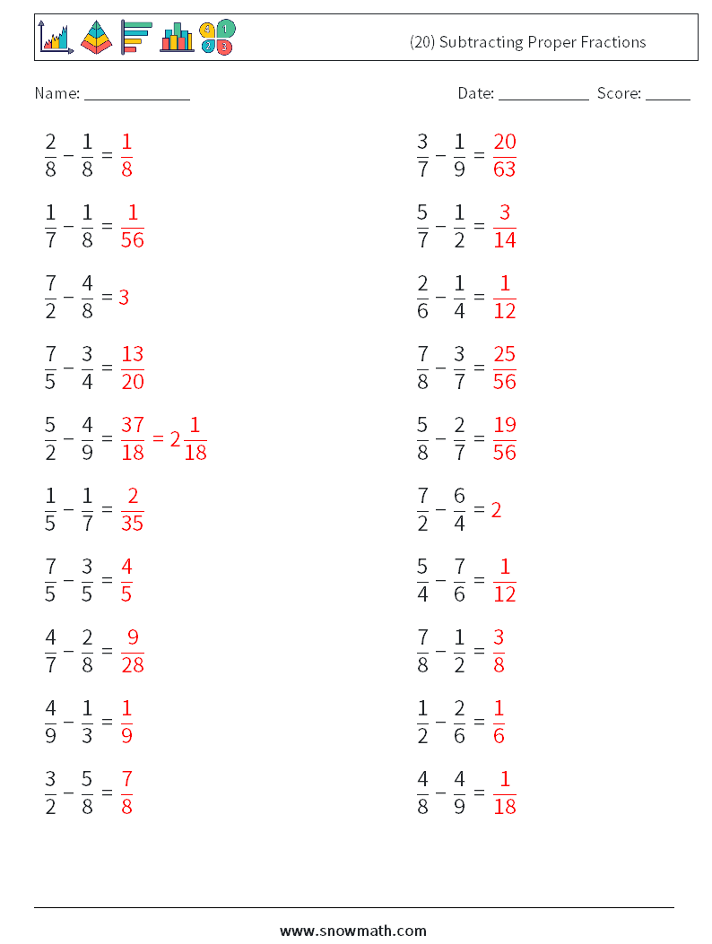 (20) Subtracting Proper Fractions Math Worksheets 16 Question, Answer