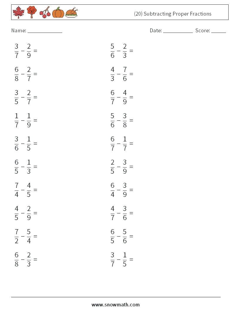 (20) Subtracting Proper Fractions Math Worksheets 17