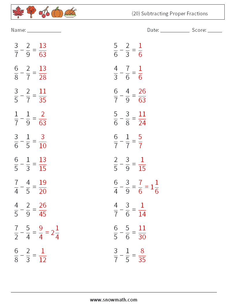 (20) Subtracting Proper Fractions Math Worksheets 17 Question, Answer
