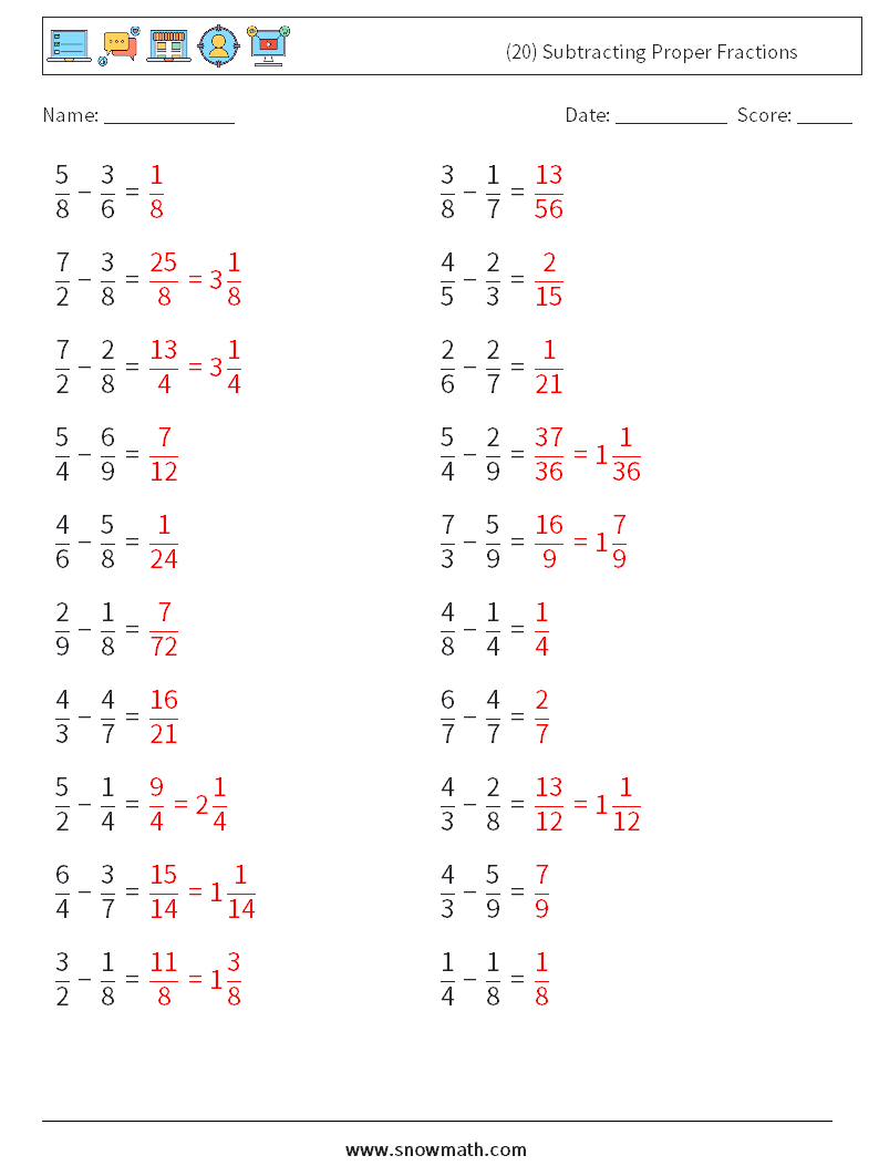 (20) Subtracting Proper Fractions Math Worksheets 18 Question, Answer