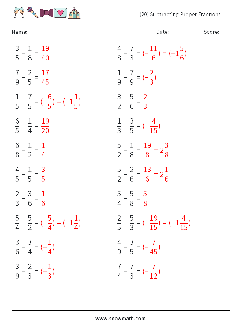 (20) Subtracting Proper Fractions Math Worksheets 1 Question, Answer