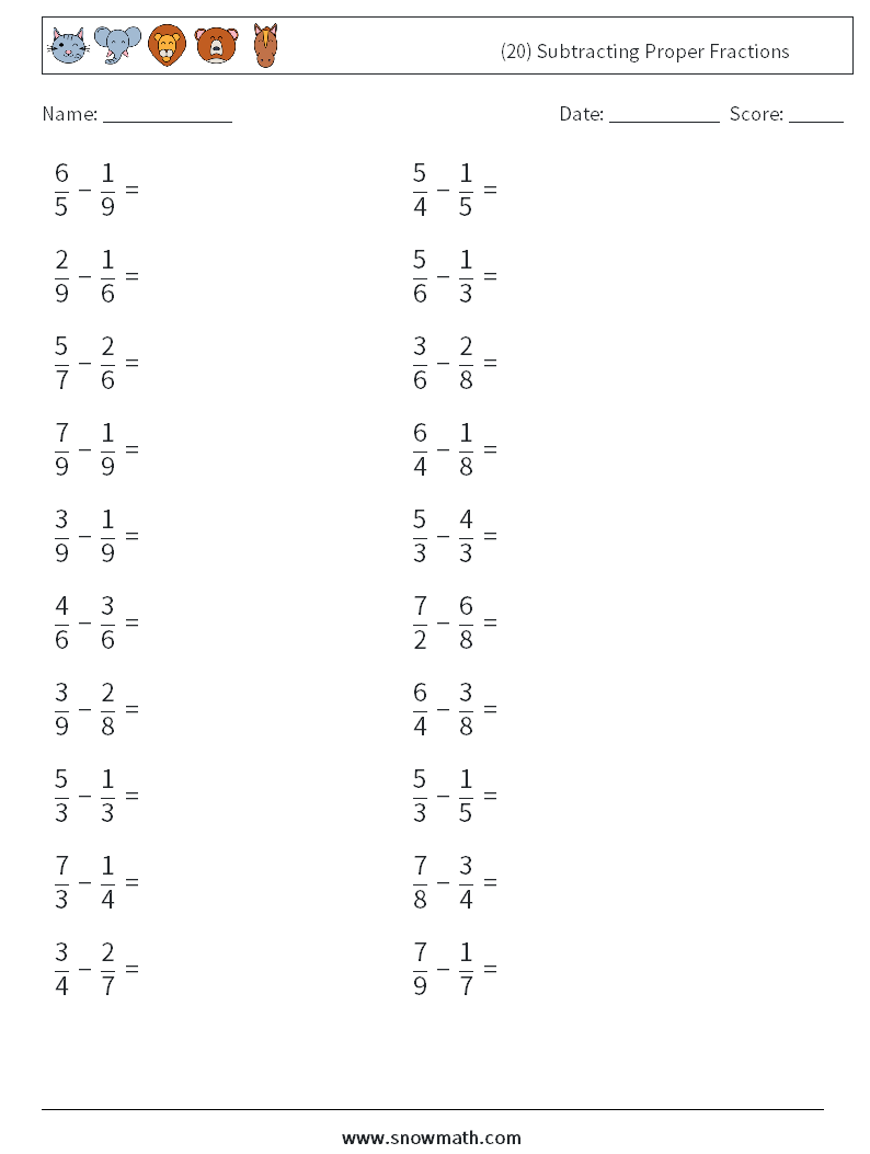 (20) Subtracting Proper Fractions Math Worksheets 2