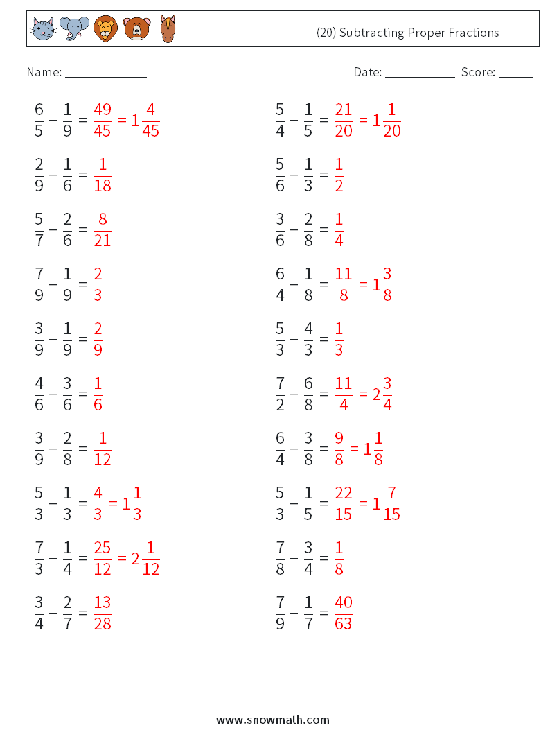 (20) Subtracting Proper Fractions Math Worksheets 2 Question, Answer