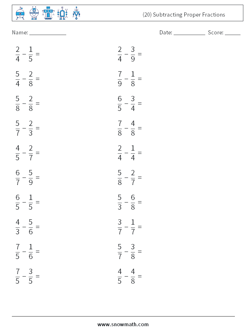 (20) Subtracting Proper Fractions Maths Worksheets 3