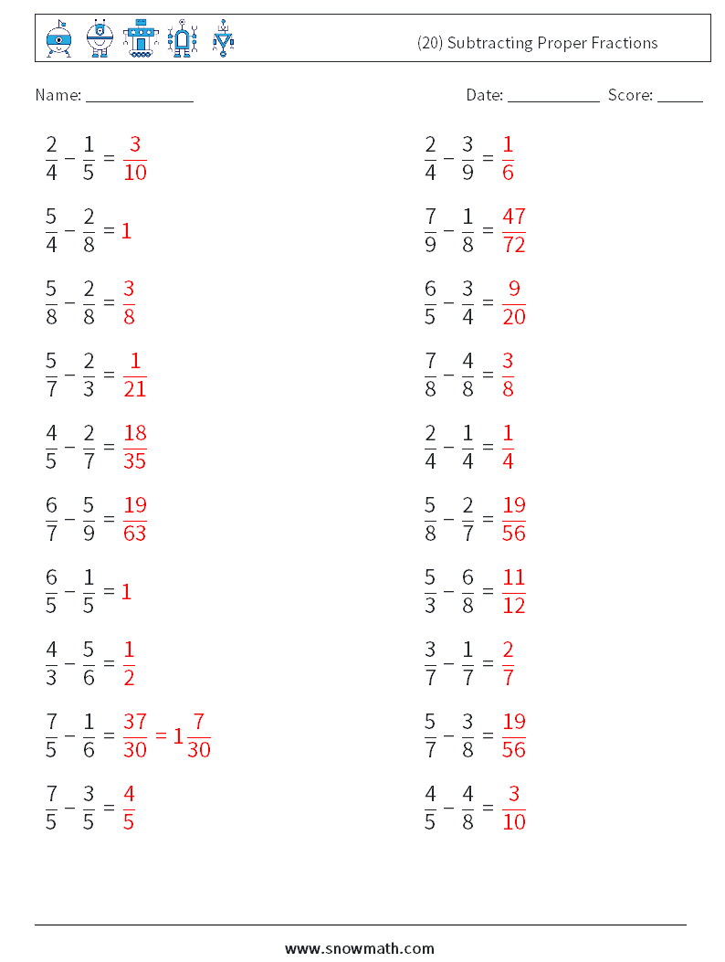 (20) Subtracting Proper Fractions Math Worksheets 3 Question, Answer