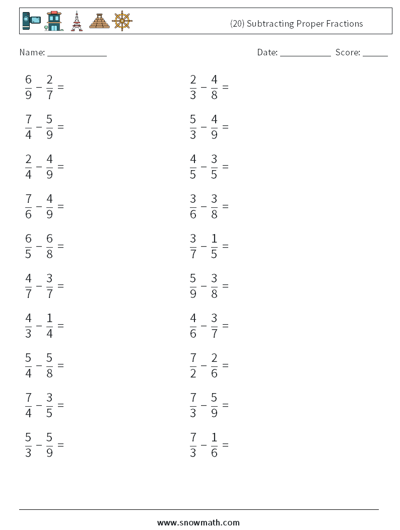 (20) Subtracting Proper Fractions Maths Worksheets 4
