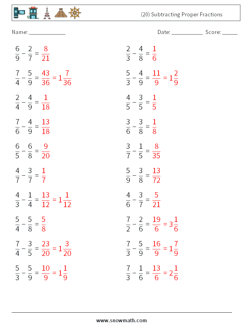 (20) Subtracting Proper Fractions Math Worksheets 4 Question, Answer