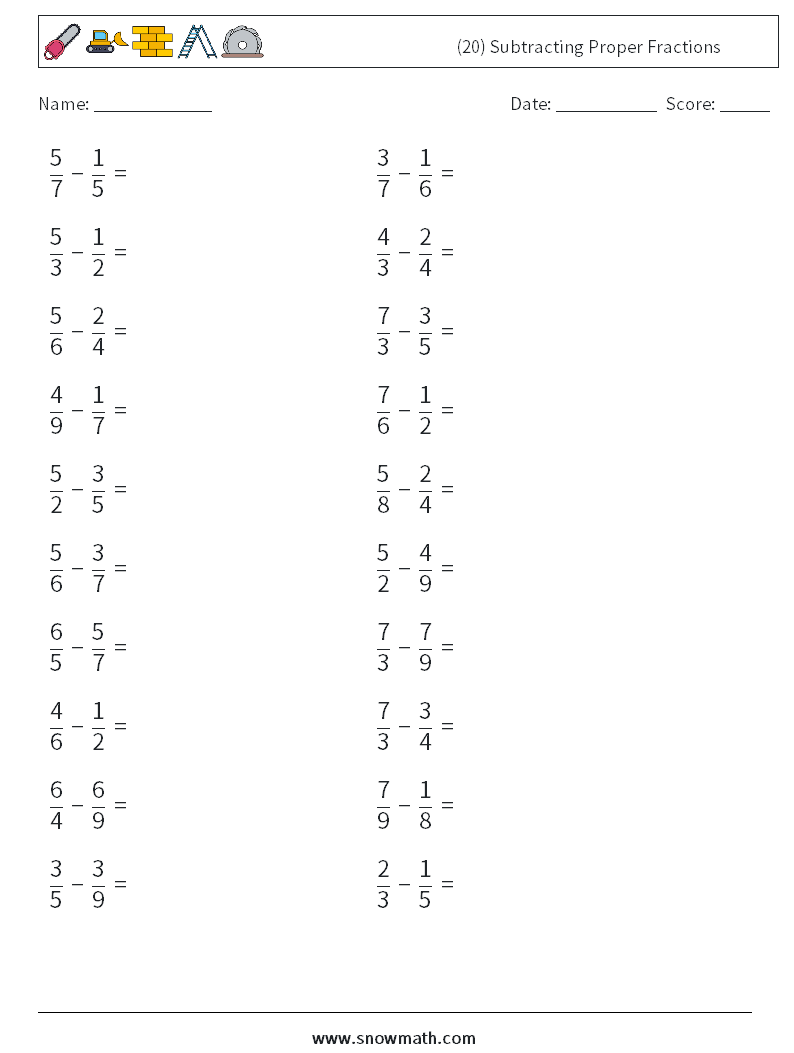 (20) Subtracting Proper Fractions Maths Worksheets 5
