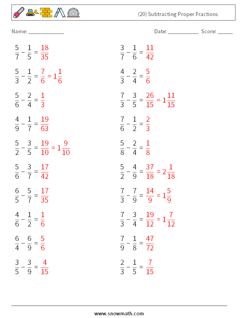 (20) Subtracting Proper Fractions Math Worksheets 5 Question, Answer