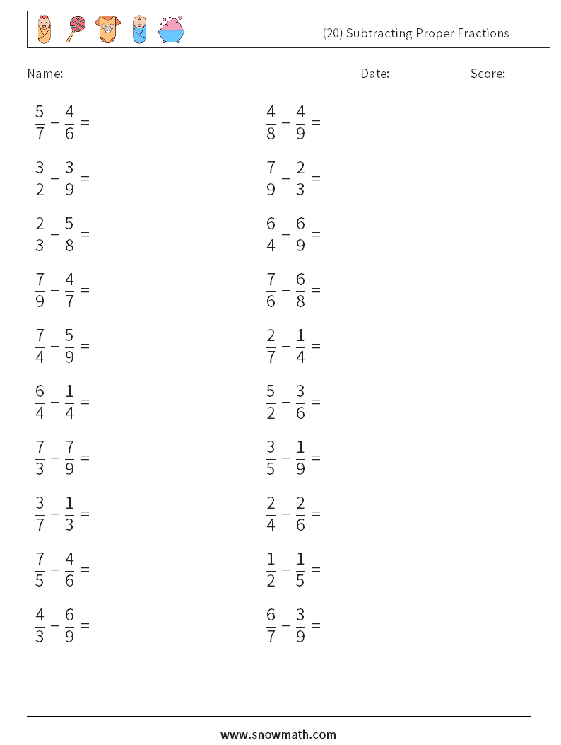 (20) Subtracting Proper Fractions Math Worksheets 6