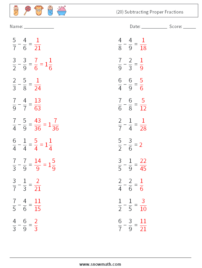 (20) Subtracting Proper Fractions Math Worksheets 6 Question, Answer