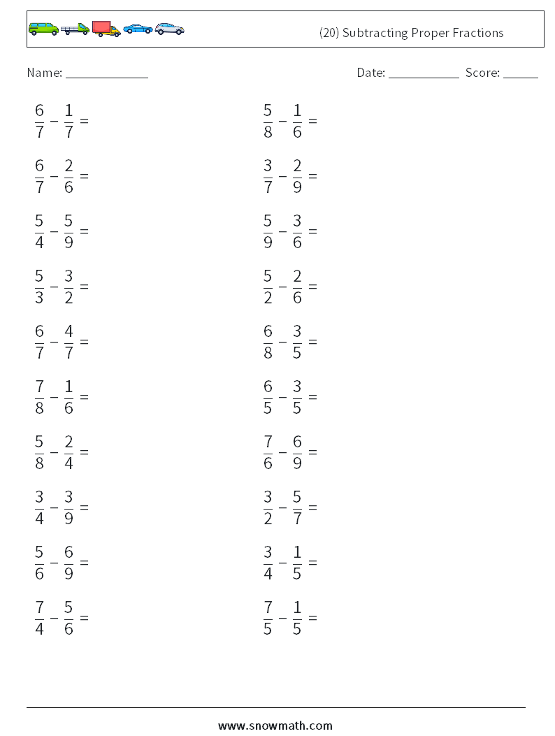 (20) Subtracting Proper Fractions Math Worksheets 7