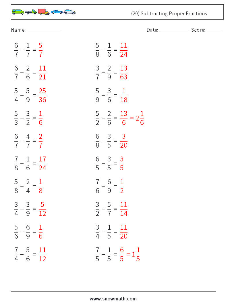 (20) Subtracting Proper Fractions Math Worksheets 7 Question, Answer