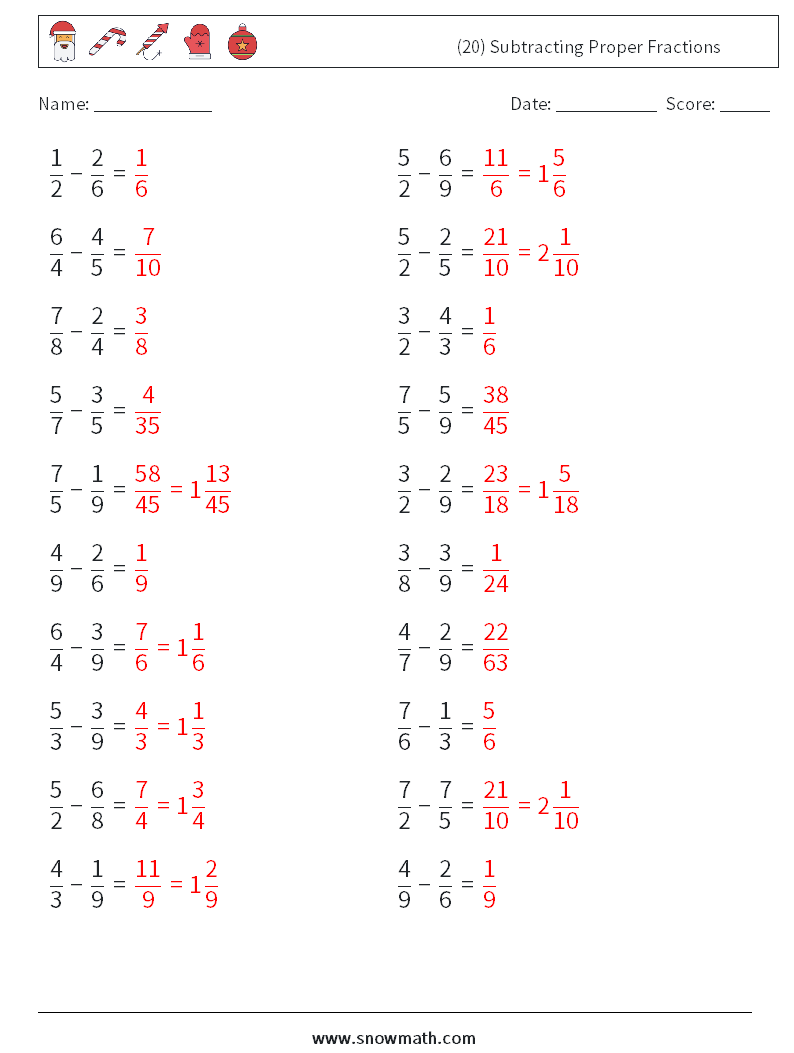 (20) Subtracting Proper Fractions Math Worksheets 8 Question, Answer