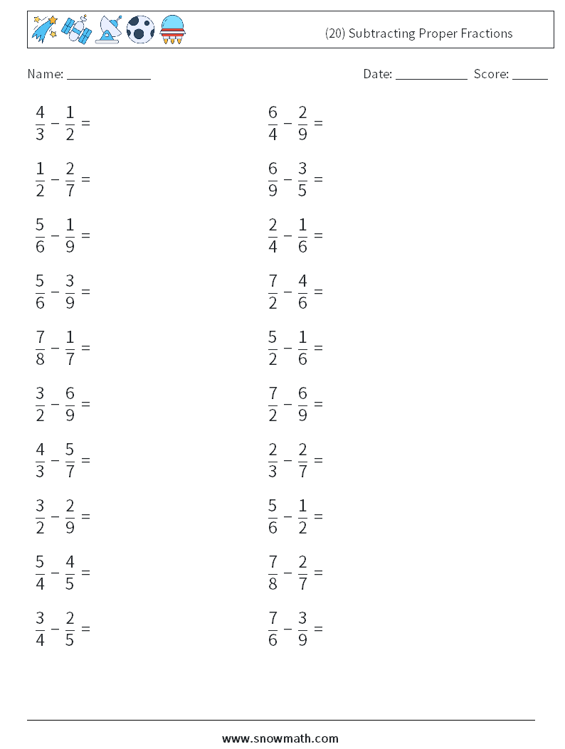 (20) Subtracting Proper Fractions Math Worksheets 9