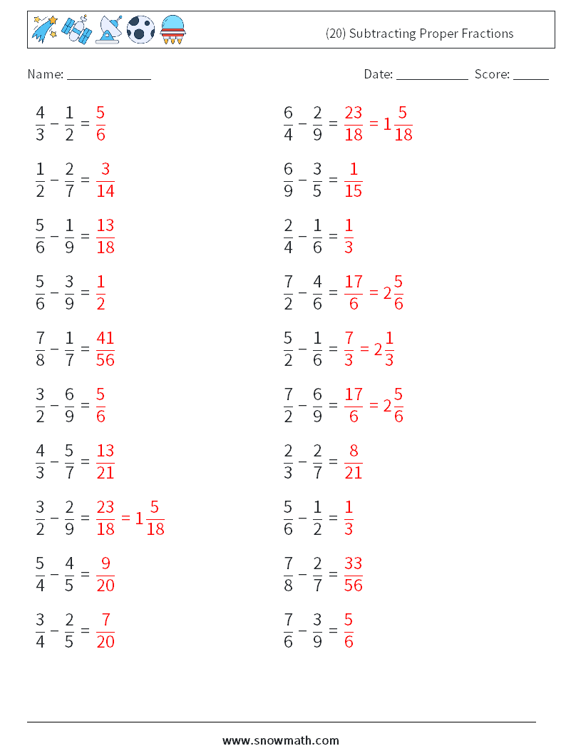 (20) Subtracting Proper Fractions Math Worksheets 9 Question, Answer