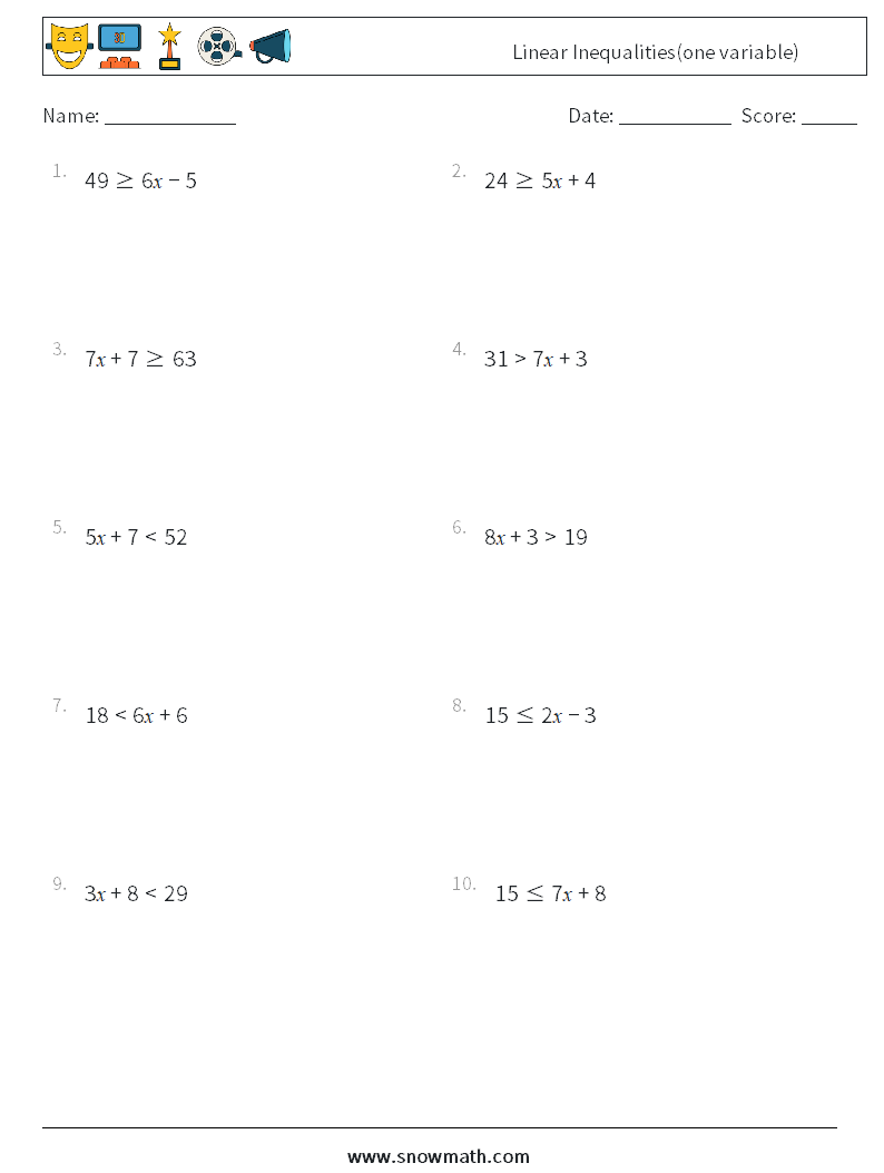 Linear Inequalities(one variable) Math Worksheets 1