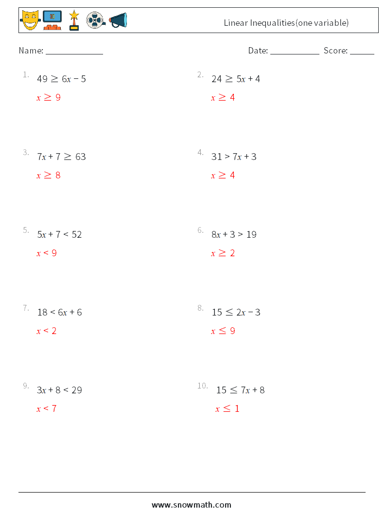 Linear Inequalities(one variable) Math Worksheets 1 Question, Answer