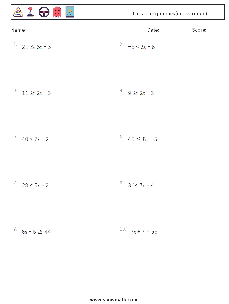 linear inequalities(one variable) Math Worksheets, Math Practice For Solving Linear Inequalities Worksheet