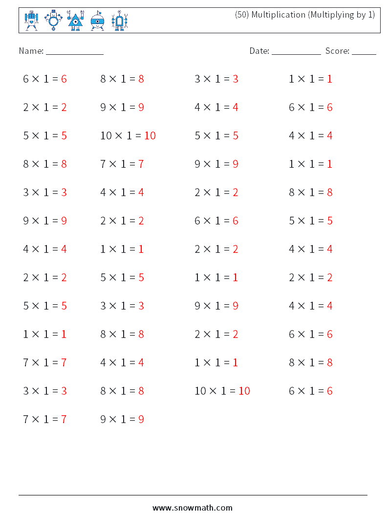 (50) Multiplication (Multiplying by 1) Math Worksheets 1 Question, Answer