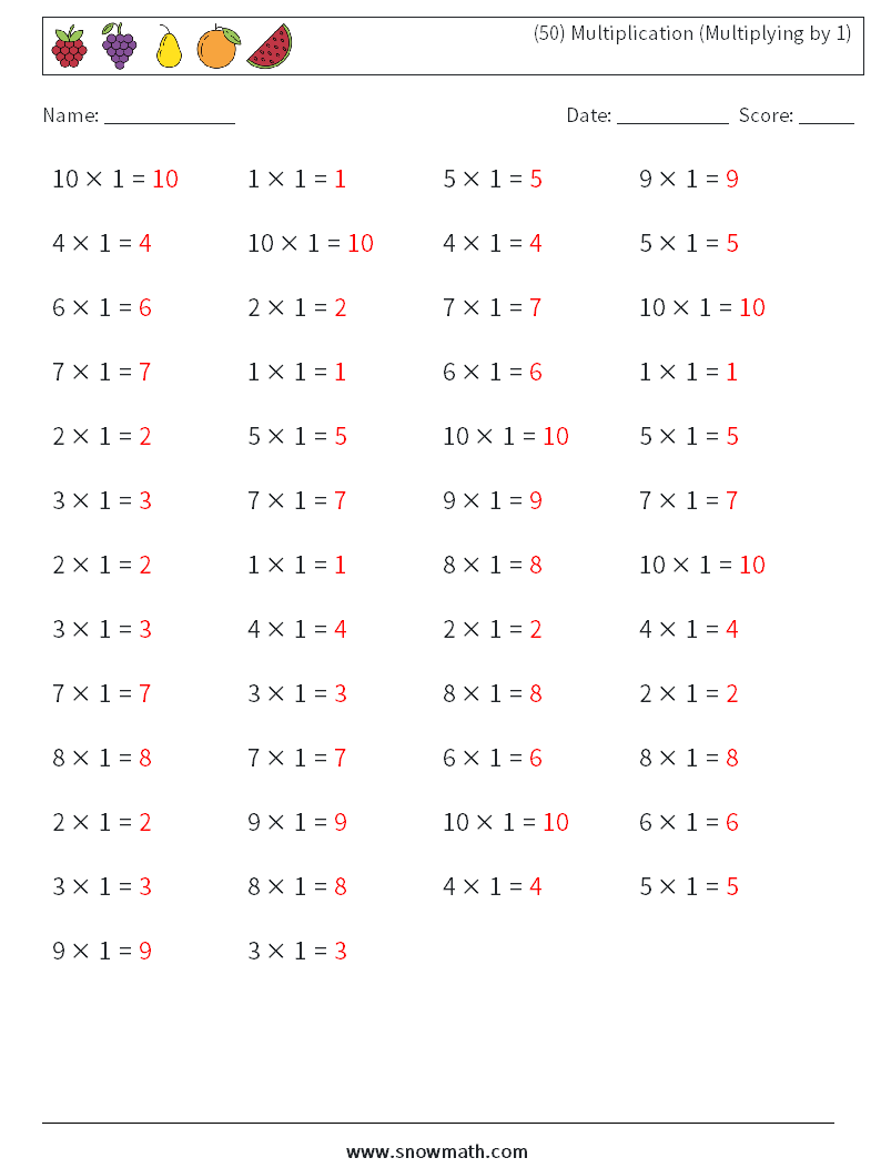 (50) Multiplication (Multiplying by 1) Math Worksheets 2 Question, Answer